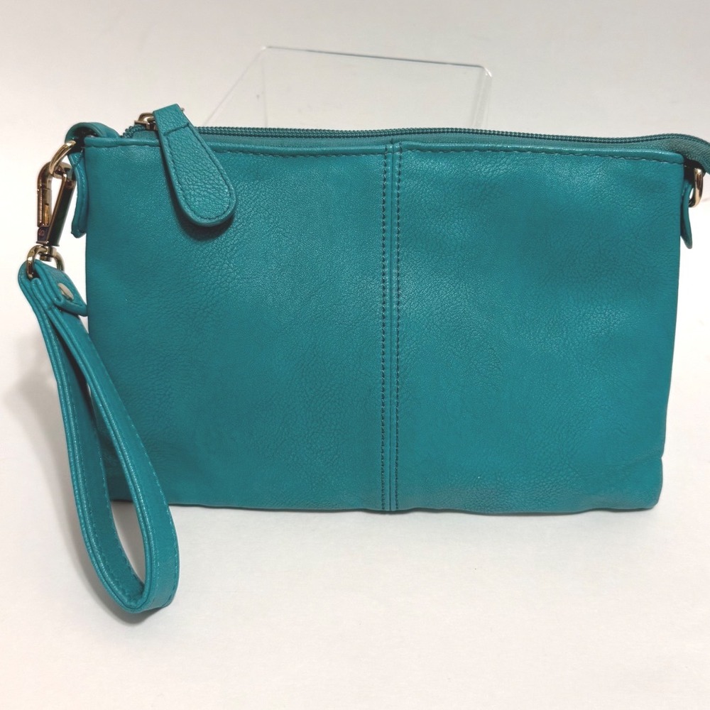 Charming Charlie Teal Vegan Leather Wristlet Clutch Zip Pouch Striped Lining